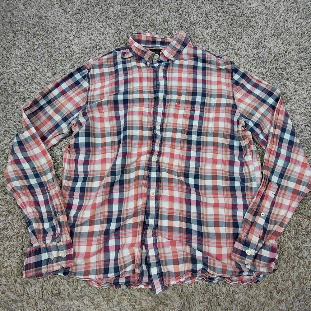 Banana Republic Button Down Shirt Mens XL Plaid Linen Blend Long Sleeve